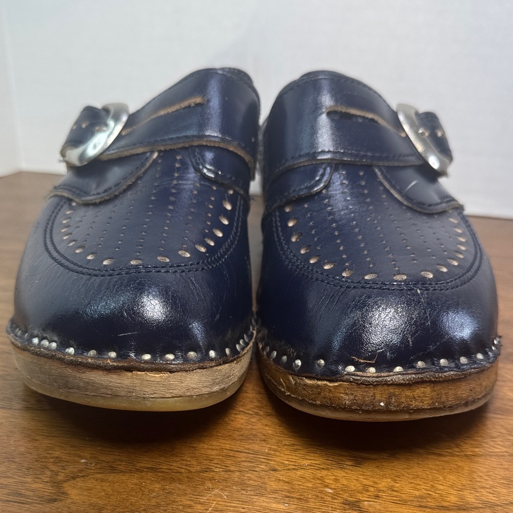 Vintage 70s Womens Bastad Toffeln Wooden Navy Blue Leather Buckle Clogs, sz 38 - Picture 3 of 14
